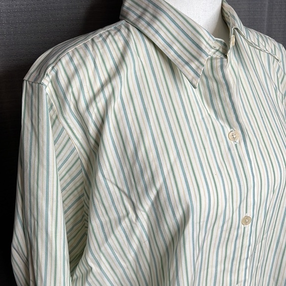 EDDIE BAUER STRETCH WRINKLE RESISTANT XL GREEN YELLOW STRIPED BUTTON FRONT SHIRT - Picture 2 of 8